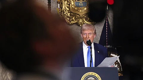 USA. President Donald Trump speaks at Mar-a-Lago in Palm Beach, Florida on Tuesday, February 18, 2025.