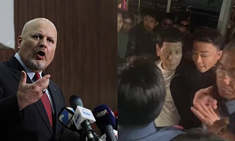 Karim Ahmed Khan, International Criminal Court chief prosecutor, and former president Rodrigo Duterte during his arrest Tuesday, March 11, 2025.