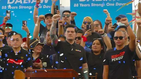 Mayor Sebastian Duterte raises his fists in solidarity with his father, former President Rodrigo Duterte, who is currently detained in The Netherlands over crimes against humanity charges filed before the International Criminal Court (ICC). The event took place at San Pedro Square in Davao City on Sunday morning, March 16, 2025.