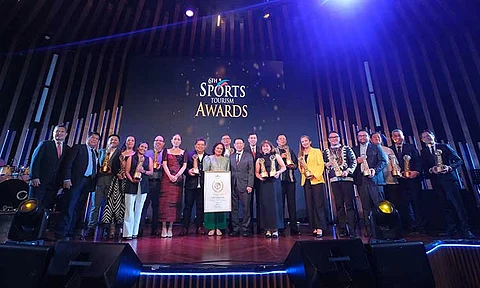 The awardees of the 6th Philippine Sports Tourism Awards gathered at Axis, NUSTAR Resort, alongside key industry figures, including Tourism Promotions Board COO Ms. Marga Nograles (7th from left), Dumaguete City Mayor Hon. Felipe Remollo (8th), Clark Development Corporation President & CEO Atty. Agnes VST Devanadera (9th), former Philippine Sports Commission Chairman Mr. William ‘Butch’ Ramirez (10th), and PSTA Founder and Chairman and Sports Turismo Alliance Chairman, Mr. Charles Lim (11th).