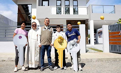 NEW BEGINNINGS. Philippine Olympic Committee (POC) president Abraham “Bambol” Tolentino, center, leads the turnover of brand-new homes to Paris 2024 Olympics double gold medalist Carlos Yulo and bronze winners Nesthy Petecio and Aira Villegas in Tagaytay City, joined by Fr. Eugenio Lopez.