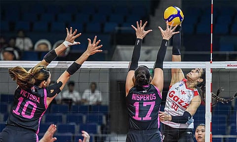 STILL STORMING. Petro Gazz's Myla Pablo attempts an attack over Akari's Fifi Sharma and Kamille Cal in the 2024-25 PVL All-Filipino Conference.
