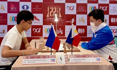ALL-FILIPINO DUEL. Fide master (FM) Christian Gian Carlo Arca of Panabo City, left, draws with fellow Filipino international master (IM) Paulo Bersamina in the seventh round of the 22nd Bangkok Chess Club Open 2025 held at the Royal Orchid Sheraton Riverside Hotel in Bangkok on April 19.