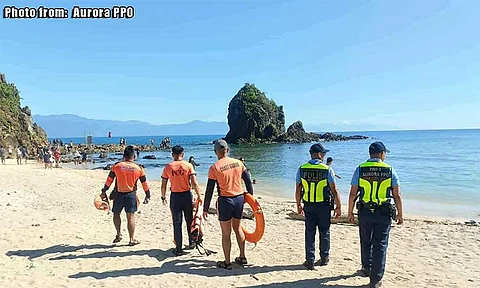 SECURING BEACHES. Elements of the Coast Guard and Philippine National Police patrol a beach in Aurora province during Holy Week 2025. (Photo courtesy of PRO Central Luzon)