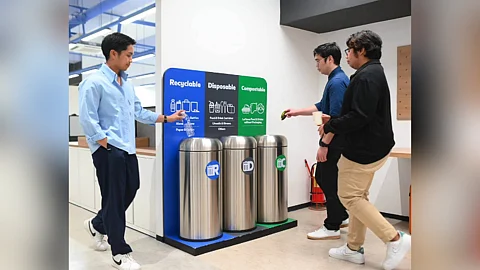 SM employees lead by example as they properly segregate waste using the RDC (Recyclable, Disposable, Compostable) bin system — showing that building a #SMWasteFreeFuture starts from within.