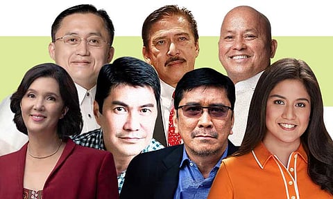 (from upper left to lower left) Bong Go, Tito Sotto, Bato dela Rosa, Camille Villar, Ben Tulfo, Erwin Tulfo, and Pia Cayetano.