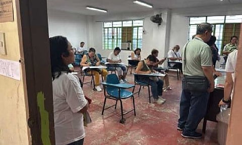 FIRST TO VOTE. A group of senior citizens is seen here casting their votes at the Taguig Integrated School on Monday (May 12, 2025). The Commission on Elections earlier announced that senior citizens, PWDs and pregnant women could vote first from 5 a.m. to 7 a.m. (PNA photo by Lloyd Caliwan)