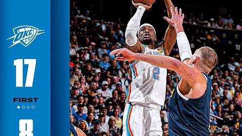 SHAI RISING. Oklahoma City Thunder guard Shai Gilgeous-Alexander takes a jump shot over Denver Nuggets center Nikola Jokic in the first half of Game 4 in the Western Conference semifinals. /
