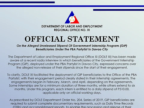 Dole-Davao clarifies issues
on internship stipend delay