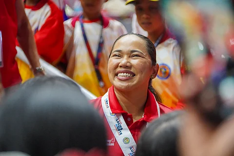 Philippines’ first Olympic gold medalist Hidilyn Diaz-Naranjo graces the opening ceremonies of the 2025 Palarong Pambansa at the Ferdinand E. Marcos Memorial Stadium in Laoag City, Ilocos Norte. She serves as the technical director of demonstration sport weightlifting.