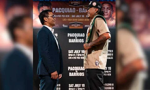 LEGEND VS. CHAMP. Filipino eight-division world champion Manny Pacquiao (left) and Mexican-American Mario Barrios face off for the first time during the kickoff press conference of their two-city promotional tour in Las Vegas, Nevada, USA on Sunday (June 1, 2025). Pacquiao will come out of retirement to challenge Barrios' WBC welterweight title on July 19. (Premiere Boxing Champions/Facebook)