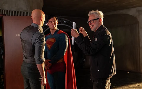From left: Nicholas Hoult, David Corenswet, and James Gunn.