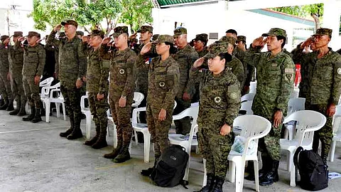 ILOILO. Reservists from Alpha Company, 604th Ready Reserve Infantry Battalion stand in formation during the opening ceremony of the Company Sustainment Training at Camp Monteclaro, Barangay Igtuba, Miagao, Iloilo on June 7, 2025. The training aims to improve readiness, discipline, and commitment among citizen-soldiers.