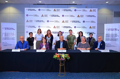 From left (sitting):Ruben “John” A. Basa, Program Director, Unilab Center for Health Policy; Maria Luz C. Vilches, PhD, Vice President for Higher Education, Ateneo de Manila University; Atty. Jose Maria A. Ochave, Executive Director, Unilab Foundation; Dr. Maria Eufemia C. Yap, Senior Research Fellow at Ateneo Policy Center; Philip Arnold P. Tuaño PhD, Dean, Ateneo School of Government. From left (standing) Research Team: Imee Jane Manalili, Samantha Joan Ackary, Melissa Prieto, Ivyrose S. Baysic, Geminn Louis C. Apostol, Arianna Maever Amit, Dr. Kaye De Ramos-Afuang.