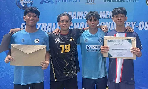 UAAP-BOUND. Holy Child College of Davao (HCCD) Red Eagles football players—Johnwey Lloyd Camaria (from left), Joshua Arguelles, Prince Charl Baculot (recruited by Adamson University in 2024), and Dan Wilbur Pañares—receive varsity scholarships from the University Athletic Association of the Philippines (UAAP) teams.