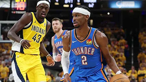 BAYANI: Si Shai Gilgeous-Alexander maoy miasway sa Oklahoma City Thunder batok Indiana Pacers sa Game 4 sa NBA Finals. / Hulagway sa Internet
