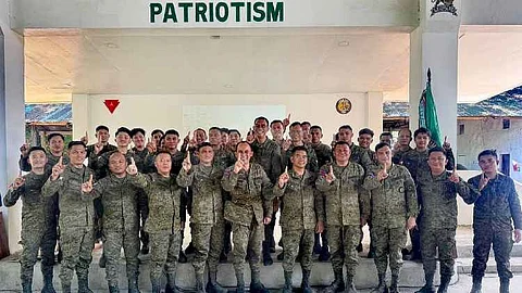 ILOILO. Chief Master Sergeant Ismael Calayo and Master Sergeant Leonardo C. Aboy speak to troops of the 61st Infantry Battalion during their visit on June 13, 2025, at Camp Monteclaro, Miagao, Iloilo, to strengthen leadership values and NCO professionalism.