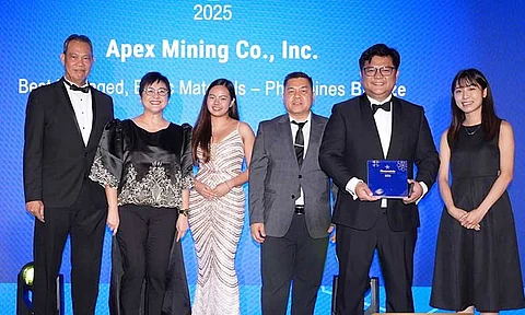 Apex Mining team at the Asia’s Best Companies awards ceremony in Hong Kong on 17 June 2025, from left to right, Luis R. Sarmiento (president and CEO); Ma. Teresa L. Pacis (AVP, Corporate Affairs and Communication); Jessica Danielle Base (senior executive assistant); Pepe G. Gaspar (AVP, Corporate Finance); and, Billy G. Torres (SVP/CFO) with Jasmine Tai, Associated Head of Conference, FinanceAsia.