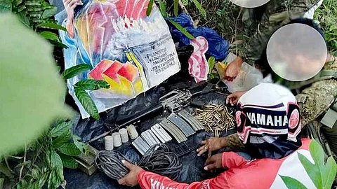 AKLAN. Troops of the 82nd Infantry Battalion recovered an arms cache belonging to the communist terrorist group (CTG) during a combat operation in Sitio Itabag, Barangay Dalagsaan, Libacao, Aklan on July 1, 2025. The operation led to the seizure of a high-powered firearm, ammunition, explosives, and subversive materials following a tip from residents during a Serbisyo Caravan.