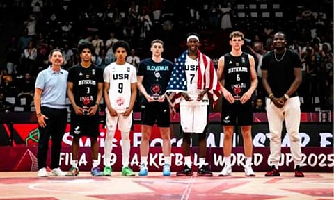 ALL-STAR FIVE. AJ Dybantsa (2nd from right) was named Most Valuable Player for leading the USA to a title victory at the FIBA U19 World Cup in Lausanne, Switzerland on Sunday (July 6, 2025). Other members of the All-Star team are Christian Anderson, Mikel Brown Jr, Zak Smrekar, and Hannes Steinbach. (Photo courtesy of FIBA)