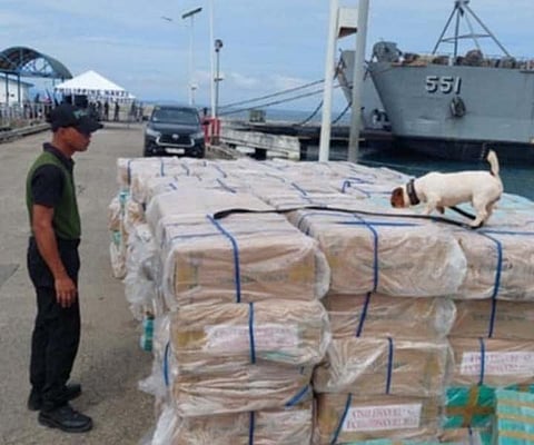 ZAMBOANGA. An K-9 operative of the Philippine Drug Enforcement Agency inspects the smuggled cigarettes to check whether the master cases of contrabands contain illegal drugs. Over P16 million smuggled cigarettes were seized in Soccsksargen and Zamboanga Peninsula Thursday, July 10, and Friday, July 11, respectively.