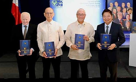 Bangko Sentral ng Pilipinas (BSP) Governor Eli M. Remolona, Jr. (second from right) with (from left) former Governors Jose L. Cuisia, Jr. Benjamin E. Diokno, and Amando M. Tetangco, Jr. at the launch of the book series “The Governors Speak” at the BSP head office in Manila on July 3, 2025.