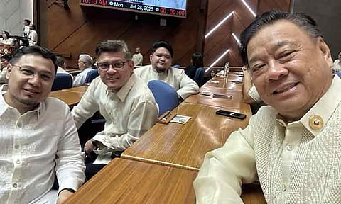 Davao City 1st District Representative Paolo “Pulong” Duterte, joined by his son Omar Duterte (Davao City, 2nd District) and cousin Harold Duterte (PPP Party-list), and Rep. Isidro Ungab (Davao City, 3rd District) in a selfie photo during the opening of 20th Congress.