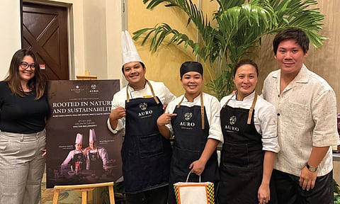 CHOCO COLLAB. From left: Auro Chocolate co-founder Ivy Sharon Villanueva, Shangri-La Mactan chefs: King Edgardo Buño, Junnen Bacareza and Charlene Castillo, and Auro Chocolate co-founder and managing director Mark Ocampo were the stars of the show that day.