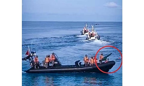 INCREASED CHINESE PRESENCE. Chinese fast boats and a rigid-hull inflatable boat mounted with a heavy crew-served weapon are seen maneuvering in Ayungin Shoal on Aug. 20, 2025. The Armed Forces of the Philippines on Thursday night (Aug. 21, 2025) confirmed an increase in Chinese presence in the area. (Photo courtesy of the AFP)