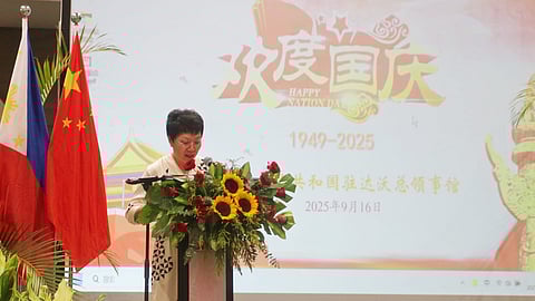Chinese Consul General Zhao Xiuzhen delivers her keynote message during the 76th founding anniversary of the People’s Republic of China at the SMX Convention Center in Lanang, Davao City. She underscored that this year also marks the 50th year of the diplomatic ties between China and the Philippines.