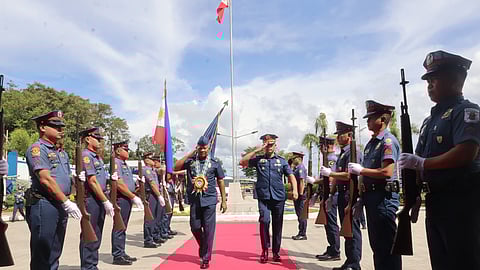 Police Brigadier General Jovencio S. Badua Jr., director of the Maritime Group, was honored with arrival ceremonies at Camp General Martin Teofilo B. Delgado, Fort San Pedro, Iloilo City on September 18, 2025, as part of continuing efforts to boost maritime law enforcement and coastal security in Western Visayas. (Photo courtesy of PRO 6)