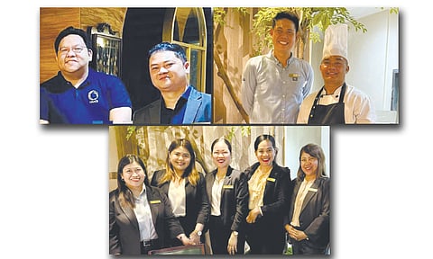 GOLDEN PRINCE HOTEL TEAM. Top photo shows (from left): executive vice president Aaron Que, general manager Arthur James Fernandez, outlet service supervisor Dulber Quijano and executive chef Camilo Lopez. Left photo shows (from left): PR & marketing manager Hershey Herrera-Canonigo, sales account executives Jazzee Lebumfacil, Maylin Narvasa and Dioda Moradas and sales director Lelet Velasquez.