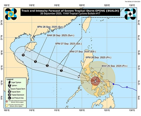 OPONG. Severe Tropical Storm Opong has maintained its strength as it moves towards the southern portion of Mindoro Islands after making landfall twice in the province of Romblon.