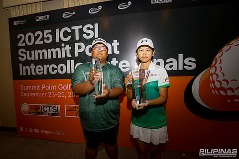 COLLEGIATE GOLF CHAMPIONS. Sean Granada and Julia Lua display their champion’s trophies at the close of the ICTSI Intercollegiate Tour Finals, September 25, 2025, at Summit Point Golf and Country Club in Lipa, Batangas.