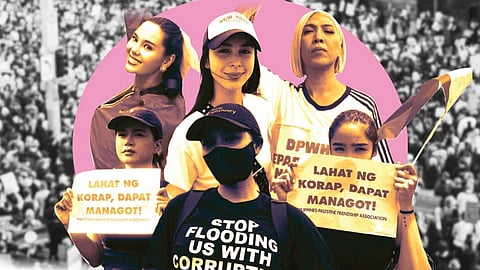 A crowd of protestors in a street rally holding placards, with Filipino celebrities like Vice Ganda, Andrea Brillantes, or Catriona Gray seen among them.