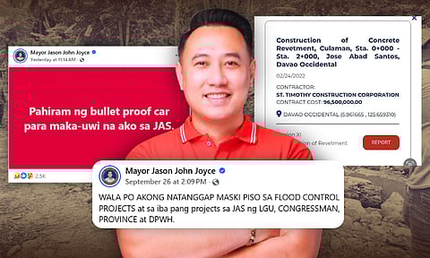 Municipal Mayor Jason John Joyce of Jose Abad Santos, Davao Occidental, recently revealed on his Facebook account that he has received death threats, following the surprise inspection and personal visit by Department of Public Works and Highways (DPWH) Secretary Vince Dizon and former Independent Commission for Infrastructure (ICI) lead investigator Baguio City Mayor Benjamin Magalong on September 25, 2025.