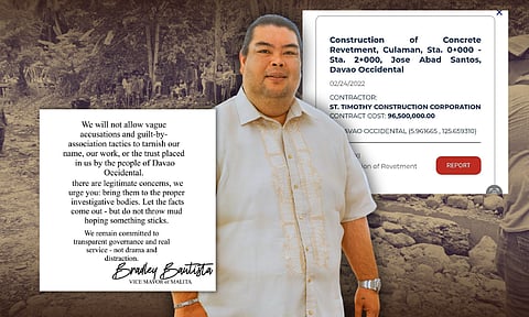 Malita Vice Mayor Bradley Bautista defended his family in his Facebook post made public on September 30, 2025 stating that the controversial infrastructure project, a flood control system in the municipality of Jose Abad Santos (JAS) that was reportedly completed on paper but found missing or incomplete on site, is not under their jurisdiction and is outside the scope of their responsibilities in local government.