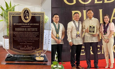 FOrmer President Rodrigo Roa Duterte (FPRRD) has been conferred the Integrated Bar of the Philippines (IBP) Golden Pillar of Law Award for his 50 years of distinguished service to the legal profession.