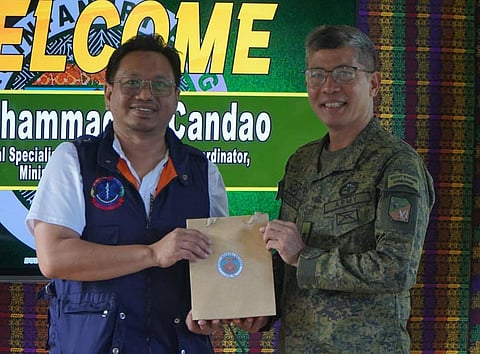 ZAMBOANGA. The 1103rd Infantry (Kalis) Brigade, under the leadership of Brigadier General Emmanuel Cabasan (right), on Tuesday, October 14, warmly welcomed Dr. Muhammad Candao, Medical Specialist III and BHOPE Medical Coordinator of the Ministry of Health–Barmm (left), together with his team, on the occasion of their arrival for a three-day medical mission in selected barangays of Talipao, Sulu.