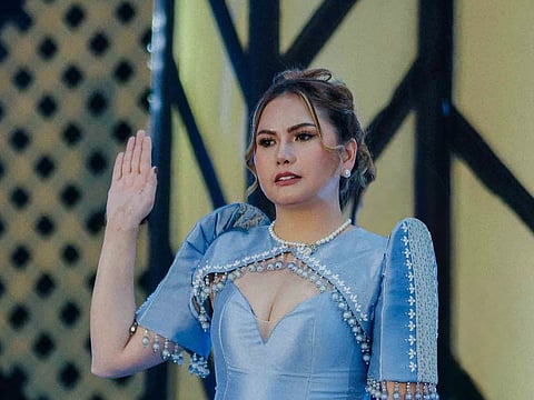 Elected 2026 National Treasurer Charinna Barro-Quilaneta takes her oath during the Ceremonial Oath Taking at the Legazpi City Convention Center, witnessed by thousands of JCI Philippines members.