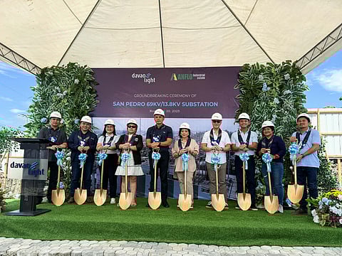 Executives from Davao Light and Damosa Land join local officials in breaking ground for the 43-MVA San Pedro digital substation inside the Anflo Industrial Estate on Nov. 20, 2025. The facility is expected to strengthen the power supply for industries and nearby communities.