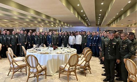 STAND FIRM. President Ferdinand R. Marcos Jr. hosts a traditional dinner with the Armed Forces of the Philippines (AFP) Council of Sergeants Major at Malacañan Palace in Manila on Friday (Nov. 28, 2025). In his speech, Marcos called on the AFP to stand firm against misinformation and remain loyal to the Constitution. (Photo from Malacañang Press Corps Pool)