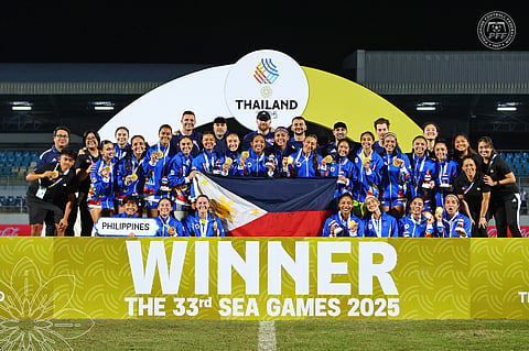 CHONBURI, Thailand — Members of the Philippine women’s football team celebrate with their gold medals during the awarding ceremony after defeating Vietnam 6–5 on penalties to win their first-ever Southeast Asian Games football gold medal Wednesday at Chonburi Daikin Stadium. The match ended in a 1–1 draw after extra time before the Filipinas prevailed in the shootout.