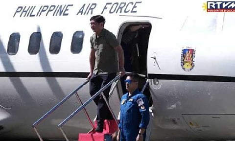 AIRPORT UPGRADE. President Ferdinand R. Marcos Jr. disembarks from a Philippine Air Force aircraft upon landing at the Antique airport on Monday (Jan. 19, 2026) to lead the inauguration of the airport’s rehabilitation project. The President hailed the airport’s upgrades and called it a benchmark for cost-efficient and well-executed public infrastructure. (RTVM screengrab)