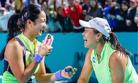 ON TO THE QUARTERFINALS. Filipino Alexandra Eala (left) and Indonesian Janice Tjen celebrate their round of 16 win at the Abu Dhabi Open on Tuesday (Feb. 3, 2026). They beat Leylah Fernandez of Canada and Kristina Mladenovic of France, 7-5, 3-6, 10-6, at Zayed Sports City International Tennis Centre in the United Arab Emirates. (Event photo via Facebook)