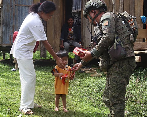 ZAMBOANGA. Troops of the 32nd Infantry Battalion conducted a gift-giving and humanitarian outreach activity for less fortunate children of Sampinit Complex in Mahatalang village, Sumisip, Basilan, on Wednesday, February 11.