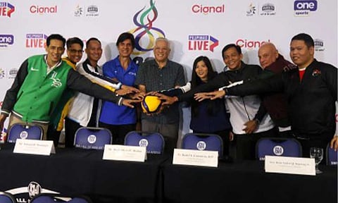 FAIR PLAY. UAAP commissioner Michael Verano (center) with the coaches during the press conference at the SM Mall of Asia Arena in Pasay City on Wednesday (Feb. 11, 2026). The volleyball tournament will start on Feb. 14. (PNA photo by Jean Malanum)
