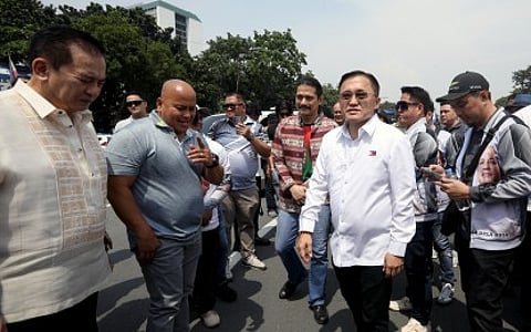 ACCUSED. Senators Ronald Dela Rosa and Christopher Go (2nd and 3rd from left) are listed as co-perpetrators in the killings that took place during the campaign against illegal drugs in the Philippines, according to an International Criminal Court Office of the Prosecutor document dated Feb. 13, 2026. Along with other former police officials, the ICC prosecution said they used the police from Davao City and non-police hitmen to kill alleged criminals during the mayoral period and presidency of Rodrigo Duterte. (PNA file photo by Yancy Lim)