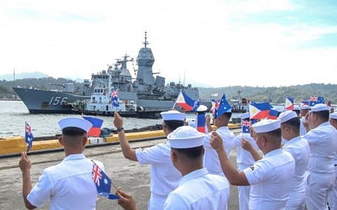 WELCOME. Philippine Navy personnel render arrival honors for the Royal Australian Navy's HMAS Toowoomba at Rivera Wharf, Subic Port, Zambales on Friday (Feb. 13, 2026). The frigate will be in the country until Feb. 16. (Photo courtesy of Philippine Fleet)