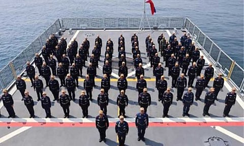 FIRST. The crew of the Philippine Navy (PN) guided missile frigate, BRP Miguel Malvar (FFG-06), on the afterdeck of the ship. The ship and its crew are the first PN contingent to the very first multilateral naval exercise in India. (Photo courtesy of the PN)